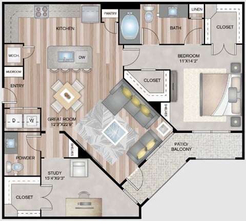 Floor plan for 1 bed, 1 bath, 1087 sqft